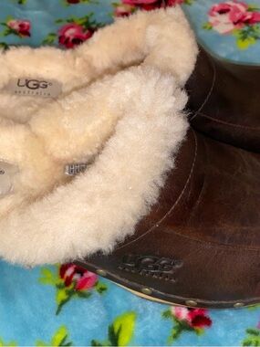 UGG Brown Leather Shearling-Lined Clog